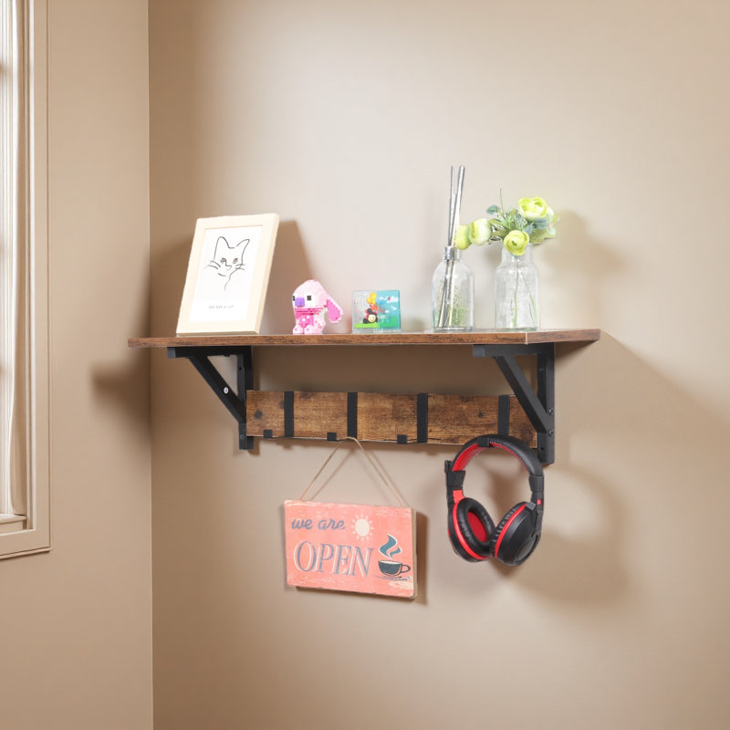 Ciardi Floating Shelf with Hooks - Wall Mounted Storage Shelf, Space Saving Organizer, Rustic Brown/Black, 2