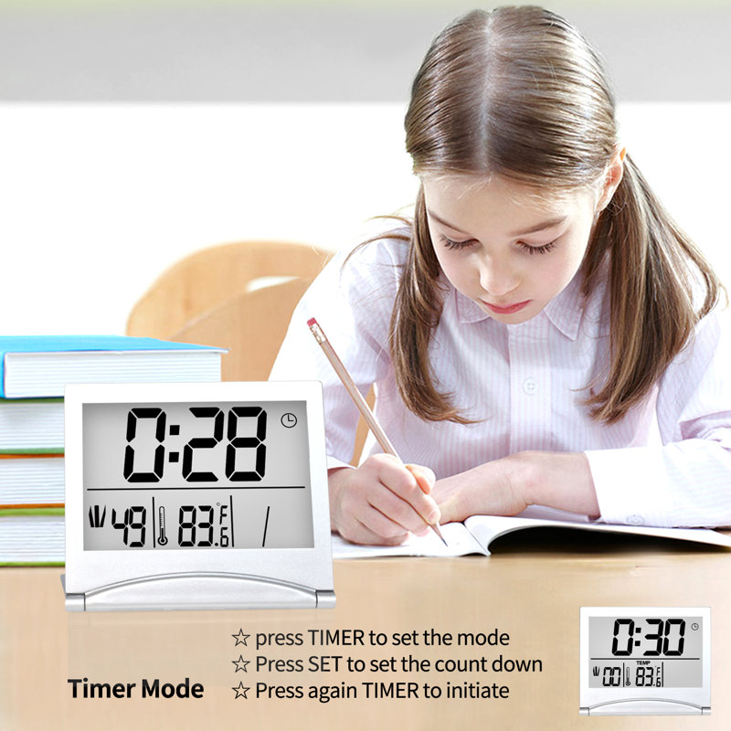 Digital Travel Alarm Clock - Foldable Calendar Temperature Timer LCD Clock with Snooze Mode - Large Number Display, Battery Operated - Compact Desk Clock(Silver, No Backlight)