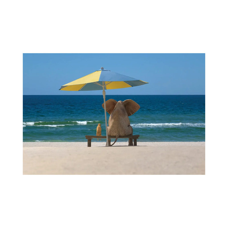 Elephant and Dog Sit Under an Umbrella on the Sea Beach 1 Piece Wrapped Canvas Wall Art, 20.32 cm H x 30.48 cm W