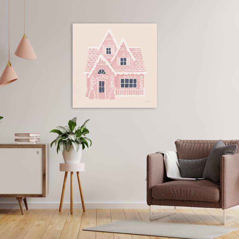 «Gingerbread Dream House Ii», art contemporain carré rose, H 24 po x l 24 po