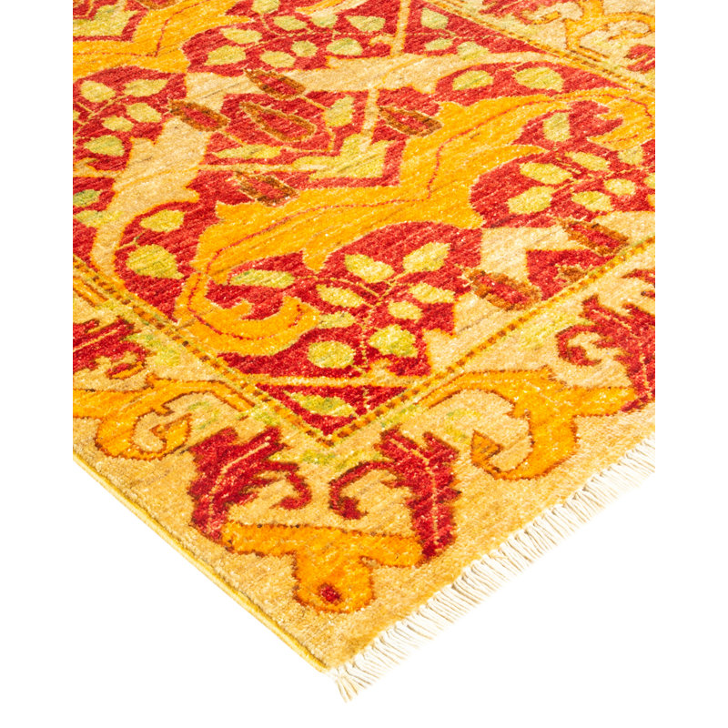 Hand-Knotted Red and Yellow Wool Floral Runner Rug