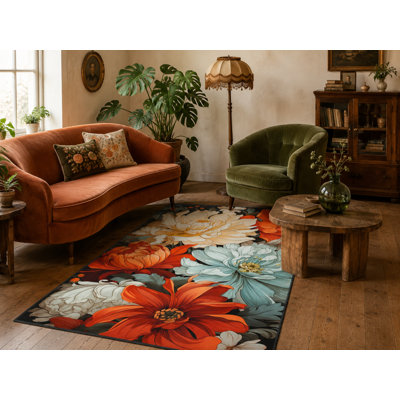 Flower Colored Modern Patterned Washable Carpet
