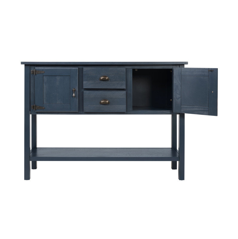 Buffet console en bois massif 46 po bleu marine rétro, 2 tiroirs, armoires et tablette inférieure pour le salon, la cuisine et la salle à manger