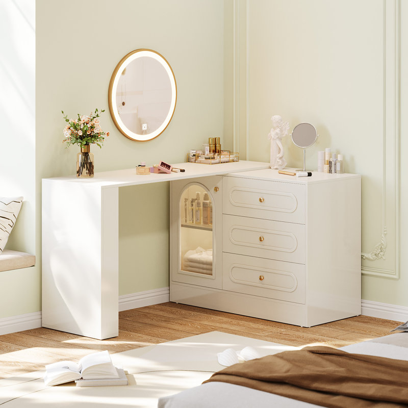 Modern Corner Vanity Desk with Storage, L-Shaped Makeup Vanity with Rotating Tabletop & Cabinet