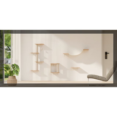 Meuble mural moderne pour chat avec pont en peluche, marches et griffoir en sisal pour un plaisir félin (ensemble de 4)