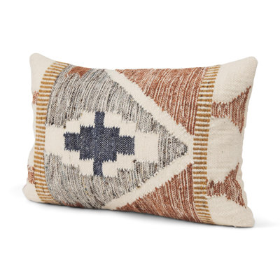 20" X 21" Black Gray And Cream Lumbar Ikat Wool Blend Throw Pillow Cover with Texture