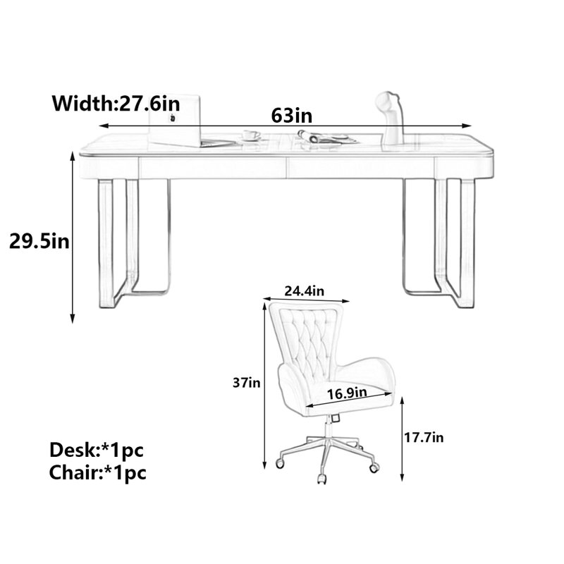 Luxury Minimalist Sintered Stone Desk, 29.5" H x 63" W x 27.6" D