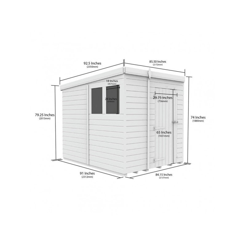 Total Sheds 7ft x 8ft Pent Garden Shed - Single Door - With Windows - Pressure Treated Timber - UK Manufactured