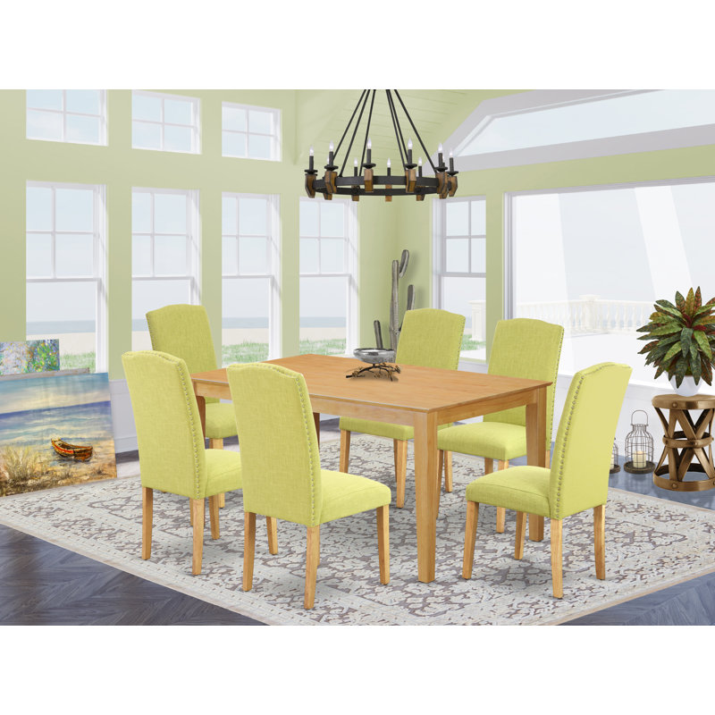Renae Rubberwood Solid Wood Dining Set, Oak, 7 Pieces: Table, 6 Chairs, Limelight