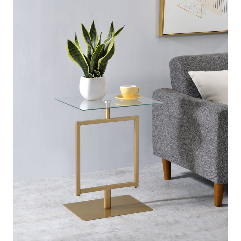 Izayah Rectangular Side Table, Metal Base with Tempered Glass Top, Gold