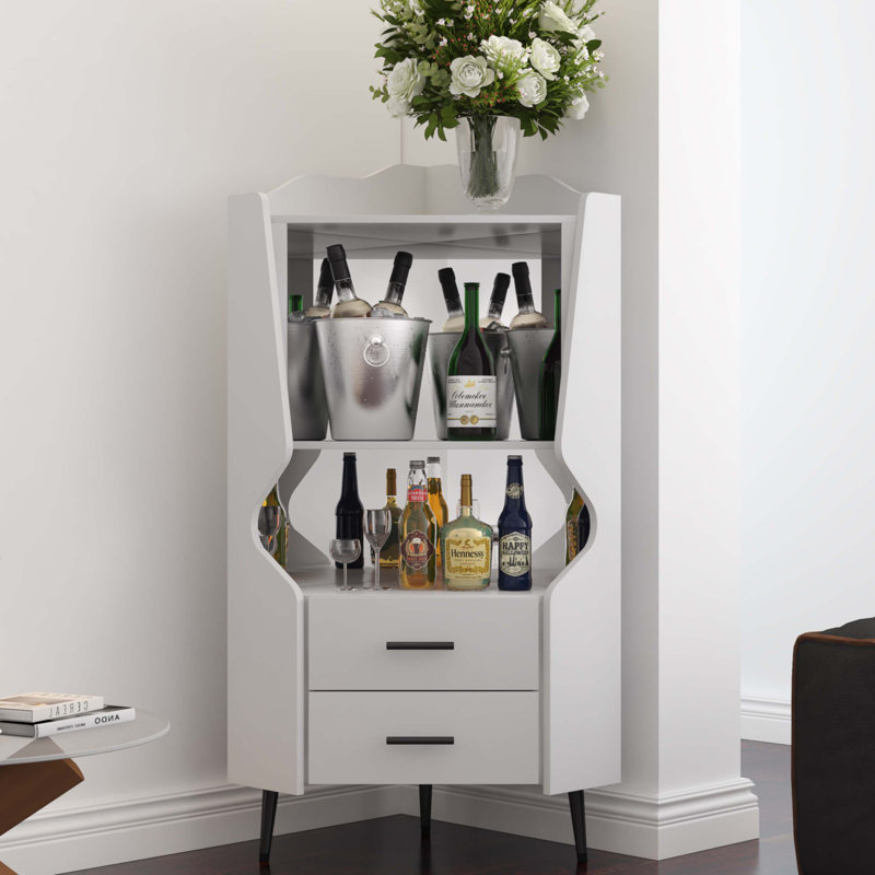 Bar en bois avec 2 tablettes de rangement ouvertes et 2 tiroirs, Blanc