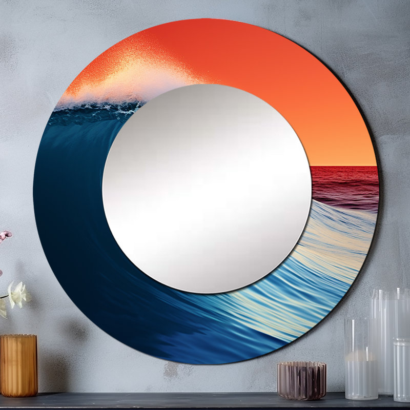 Rokuro Minimalisme, vague bleue et orange, lever de soleil - grand miroir côtier, décor de miroir mural rond bleu unique, impression d'art en métal