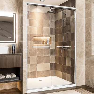 Aluminum Double Sliding Shower Door, 48" Wide, 72" High, 1/4" 6Mm Clear Tempered Glass With Film, Corrosion - Handles, Adjustable Installation For Bathroom High Shatter Frame And Easy In