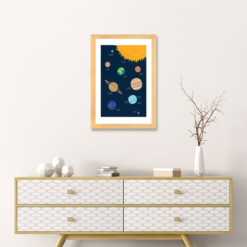 Système solaire - Impression, Papier avec cadre beige, Blanc, H 24 po x l 16 po x P 1 po