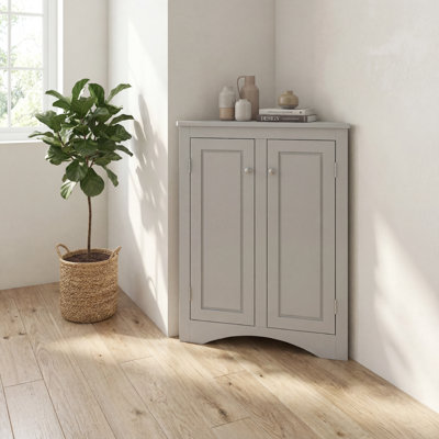 Corner Triangle Storage Cabinet With Adjustable Shelves, Grey Wood Floor Unit
