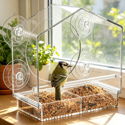 Clear Window Bird Feeder With Slide-Out Tray - 4 Strong Suction Cups For Secure Mounting - Transparent Acrylic Design For Up-Close Bird Watching From Indoors
