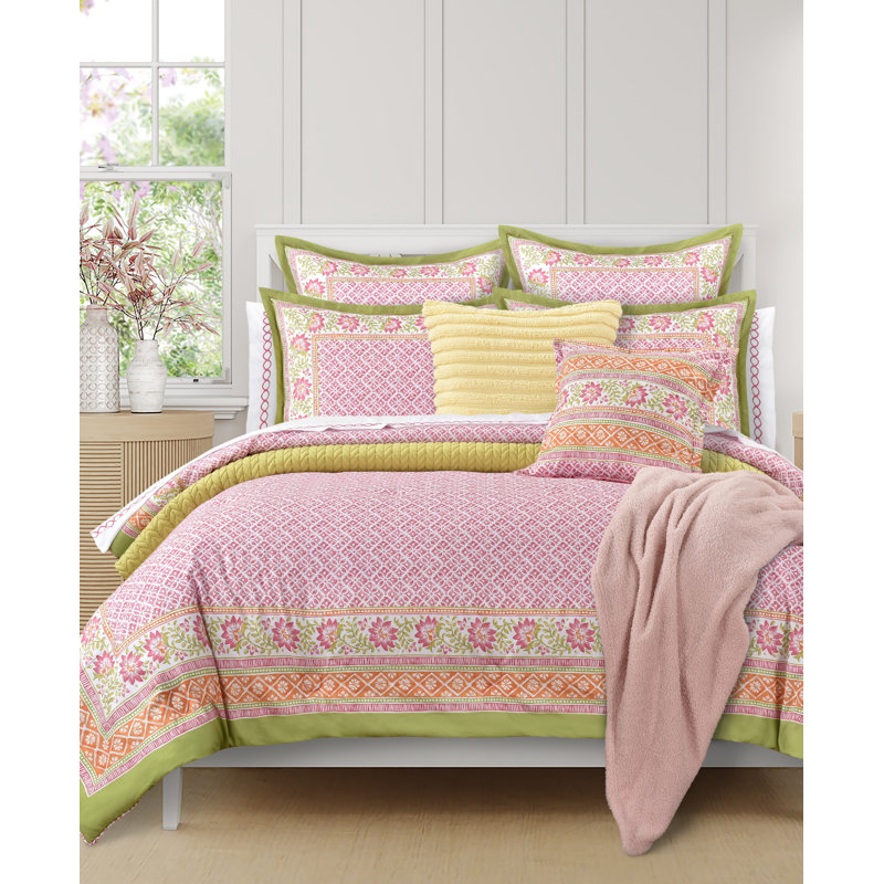 Queen Pink Microfiber Floral Geometric Comforter Set