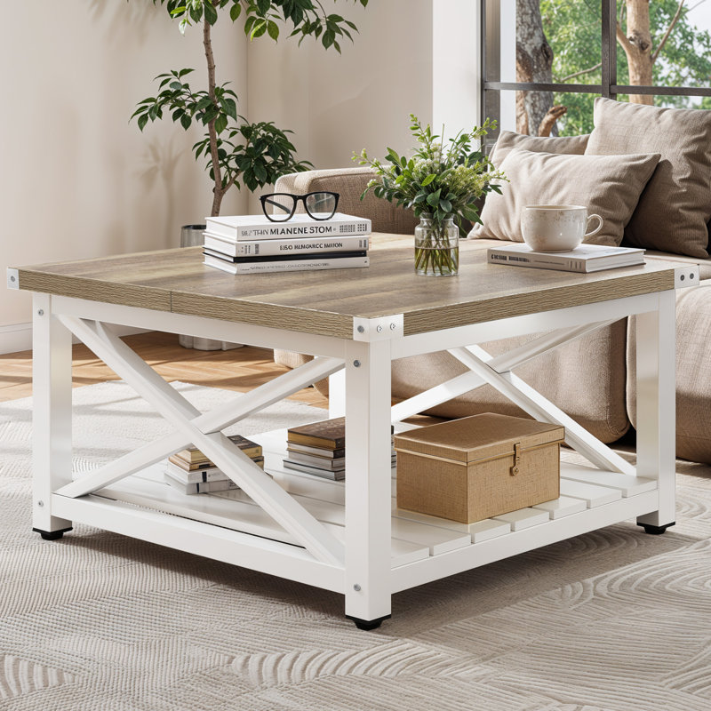 Farmhouse Square Coffee Table With Open Storage