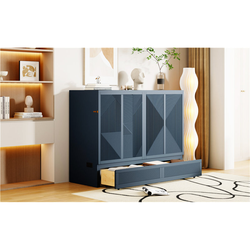 Murphy Bed With Large Drawer, Gray, Full