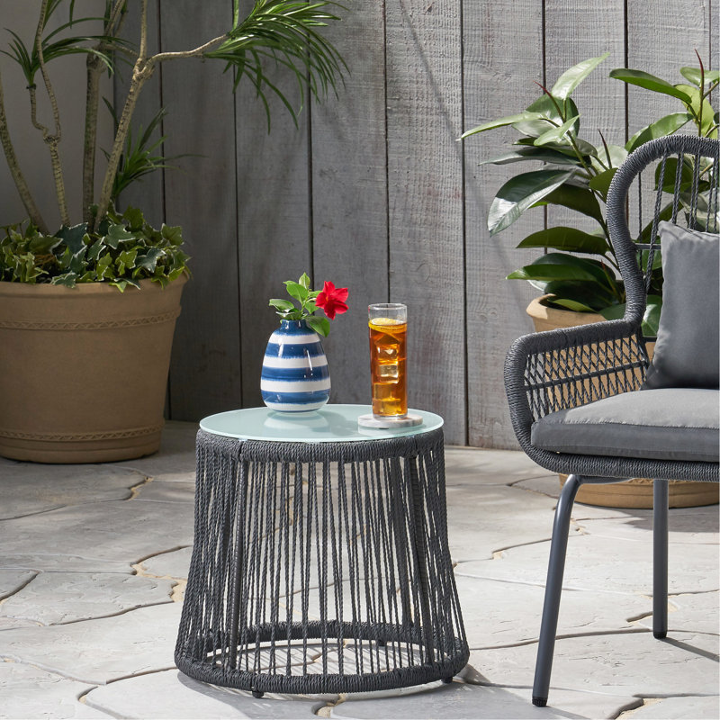 Style Table - Structure en corde texturée et fer robuste, surface en verre trempé, meubles de patio, facile à ranger, profondeur 19,17 po x largeur 15,84 po, côté chic avec cadre et plateau, accent, nettoyage, 15,84 po