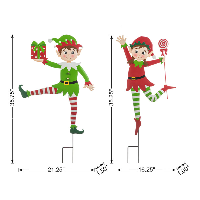 35,75 po H, ensemble de 2 piquets de Noël Elf dansant en métal ou décoration murale (KD, deux fonctions)