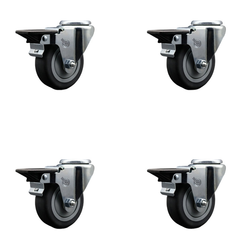 3.5 Inch Thermo Rubber Wheel Swivel Bolt Hole Caster Set with Posi Lock Brakes