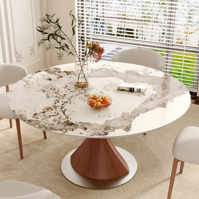Table de salle à manger ronde moderne avec plateau en pierre frittée et base en bois massif pour 2 à 6 personnes, Pandora
