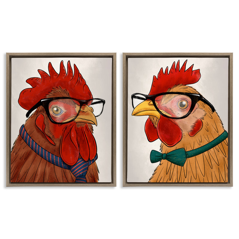 Ensemble de cadres flottants 2 pièces Quirky Hipster Roosters, design par Marcus Prime, Cadre flottant orme Montalcino