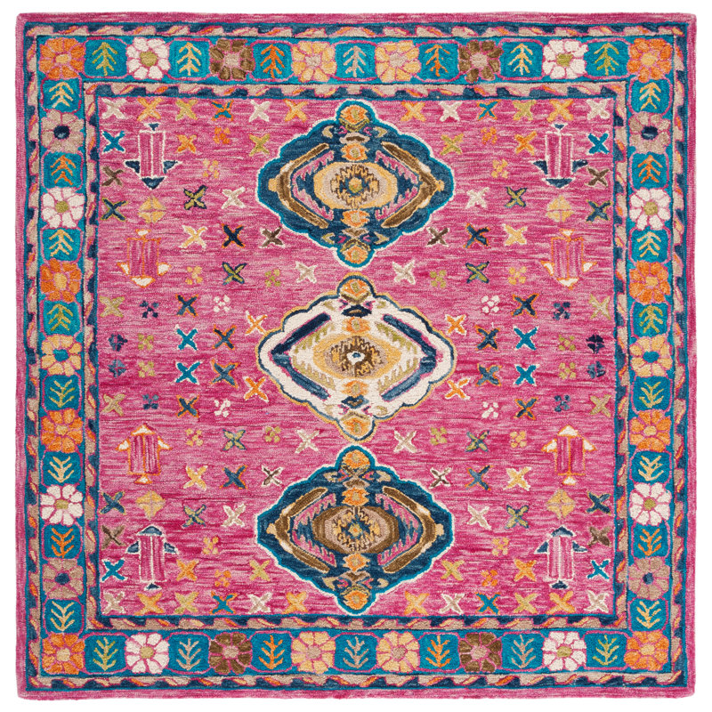Ferrelview Hand Tufted Wool/Cotton Southwestern Rug in Blue/Red, Square 7'