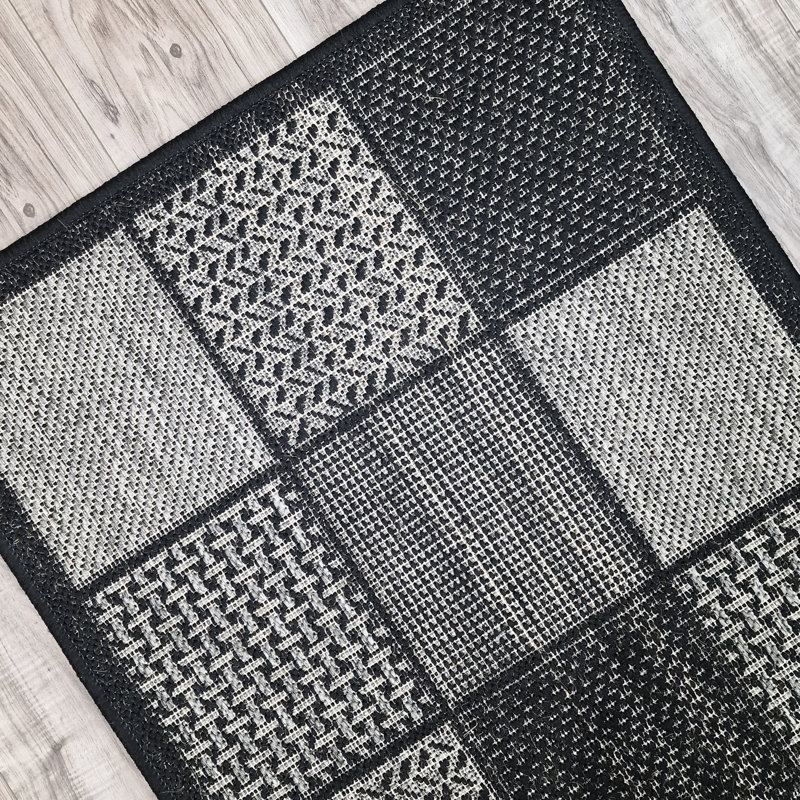 Non Slip Rug Flat Weave Check Kitchen Living Room Carpet, Runner 60 x 180 cm, Black