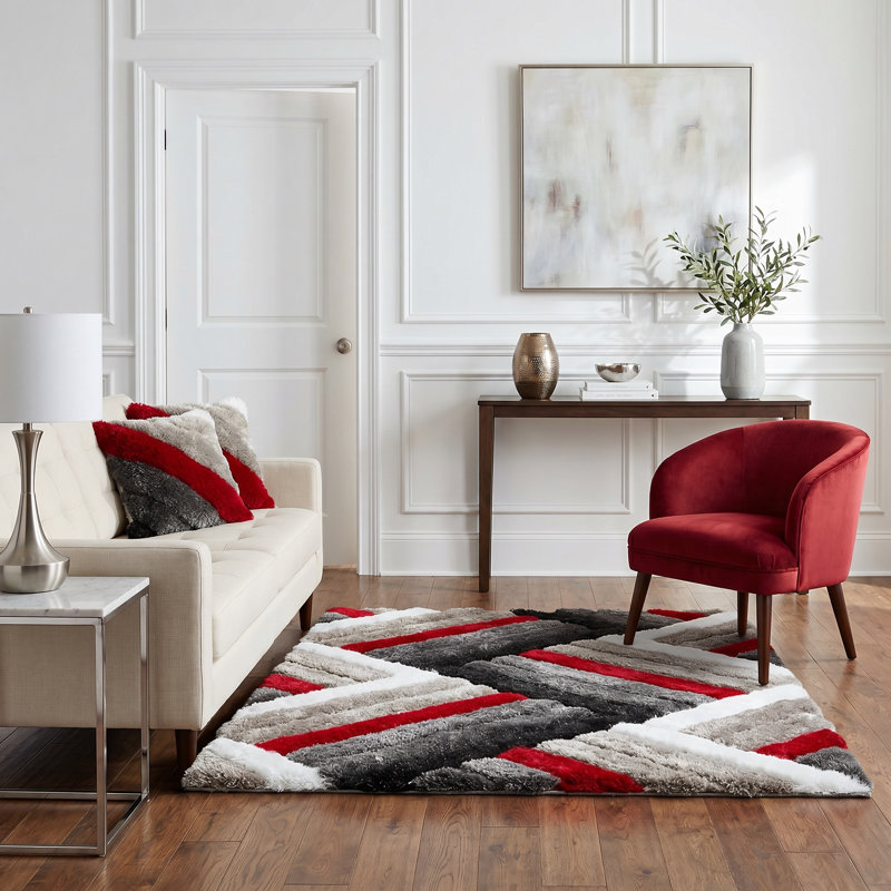 Tapis brun / noir / rouge à poils longs fabriqué à la main Kadir, Rectangle 5 pi x 7 pi