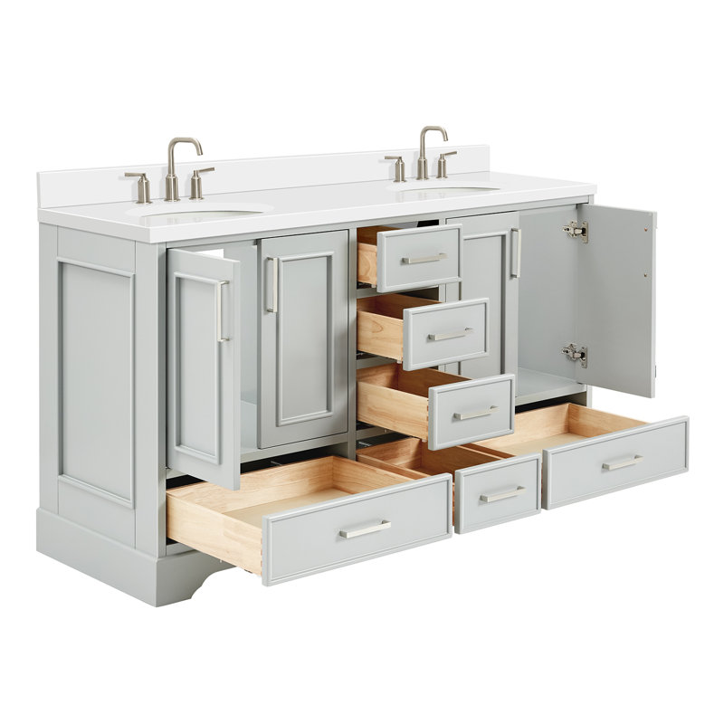 61'' Double Bathroom Vanity with White Quartz Top, Gray