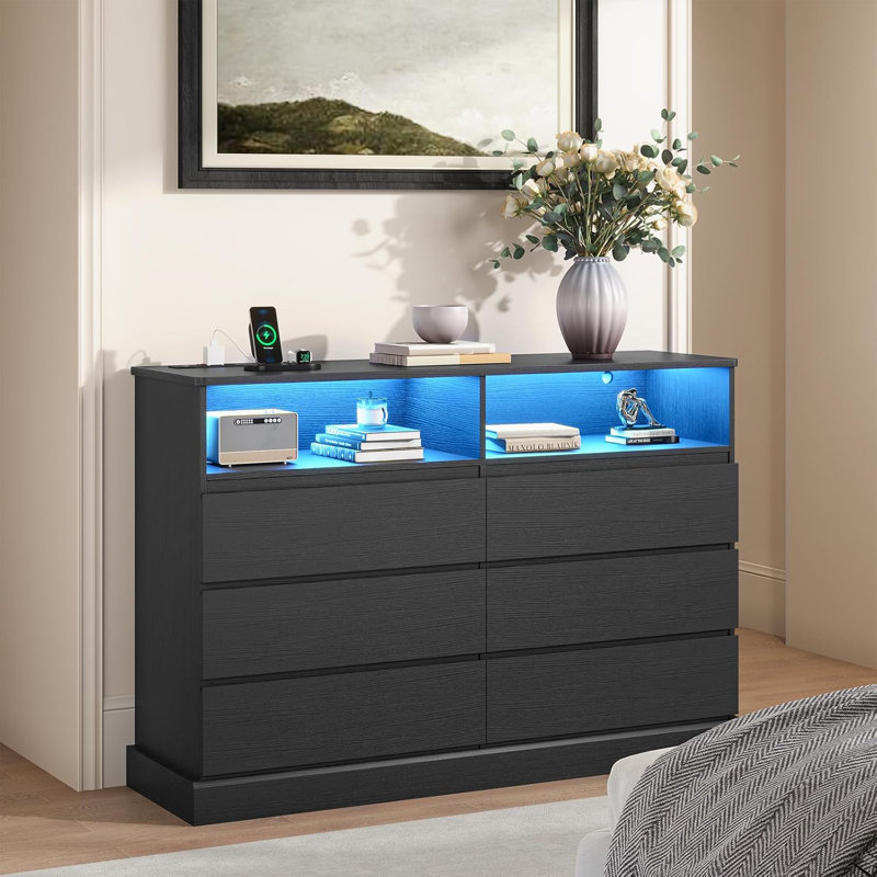 Commode moderne pour chambre à coucher, commode avec tiroirs sans poignée, commode avec lumières à DEL et station de charge, dimensions 50,4 po x l 15,7 po x 36,7 po