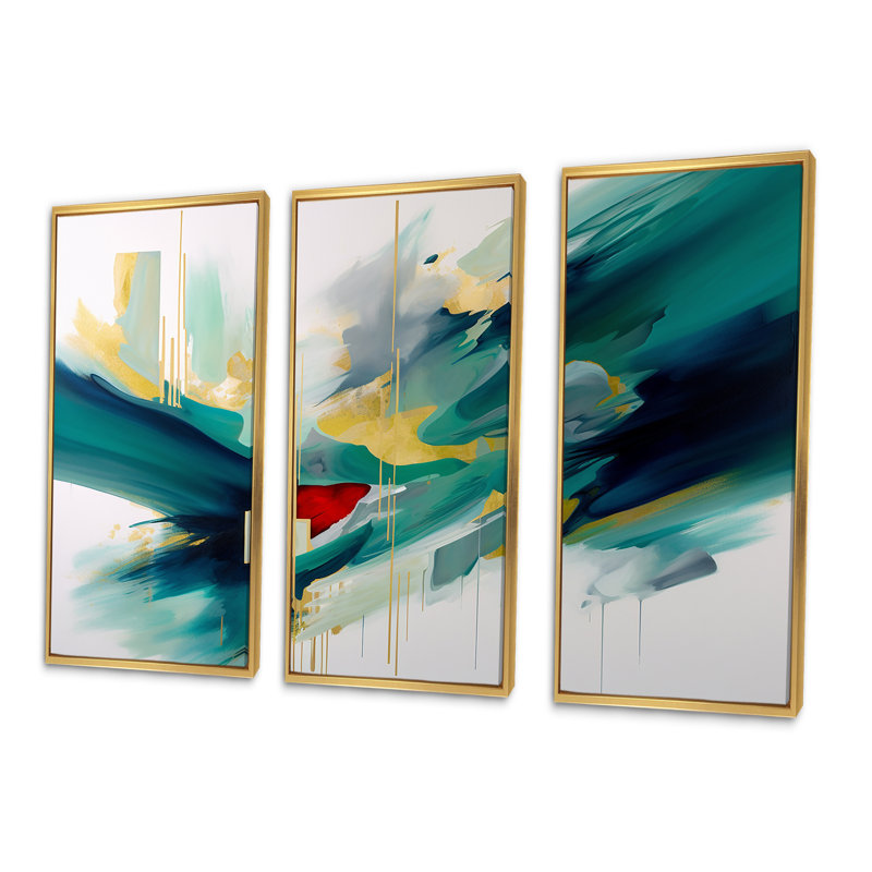 Ensemble de salon géométrique vert et or Motion I - art mural géométrique, Cadre flottant doré, H 32 po x l 48 po x P 1 po