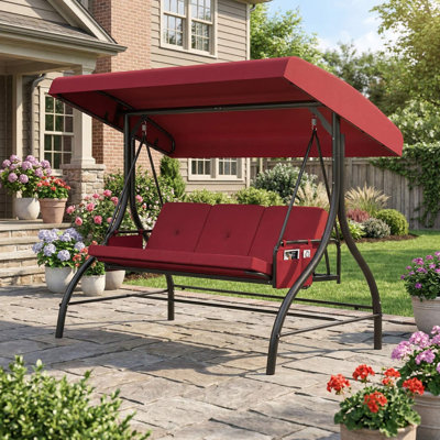 Balançoire de patio 3 pièces résistante aux rayons UV résistante à la décoloration avec auvent réglable, coussins épais amovibles et poches latérales pratiques pour une utilisation en terrasse près de la piscine