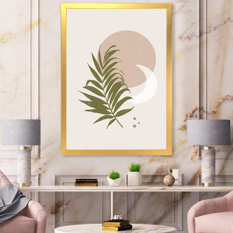 Abstrait soleil et lune avec feuille verte II - impression sur toile, H 32 po x l 24 po x 1,5 po, Toile encadrée d'or