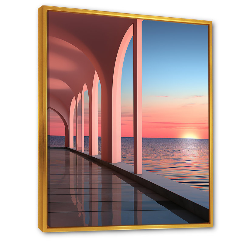 «Sunset Coastal Architecture Serenity I», reproduction sur toile, Cadre flottant doré, H 44 po x l 34 po x P 1,5 po