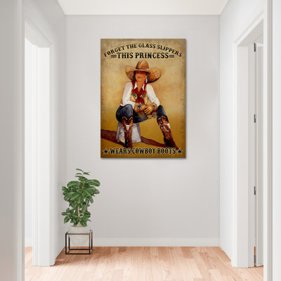 Cowgirl - cette princesse porte des bottes de cowboy, toile tendue avec châssis, pour décor de filles, décor de couloir blanc et brun