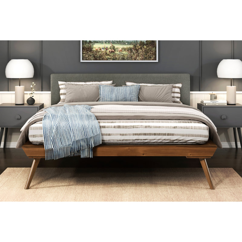 Lit plateforme double gris foncé avec tête de lit tapissier texturée châtaignier et mousse, Lit double