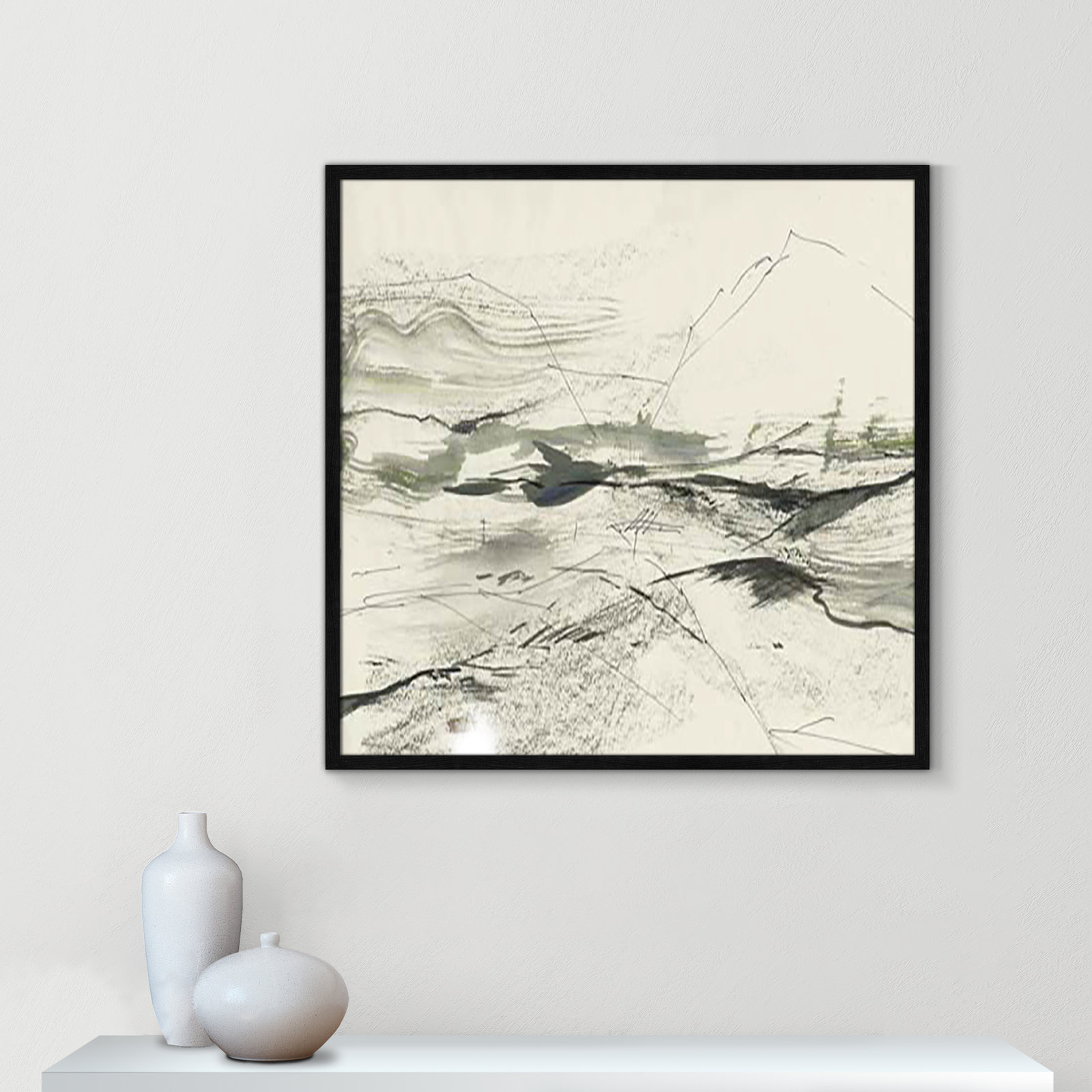 Green Sketches Print, 32" H x 32" W x 1.25" D, Black Slim Framed