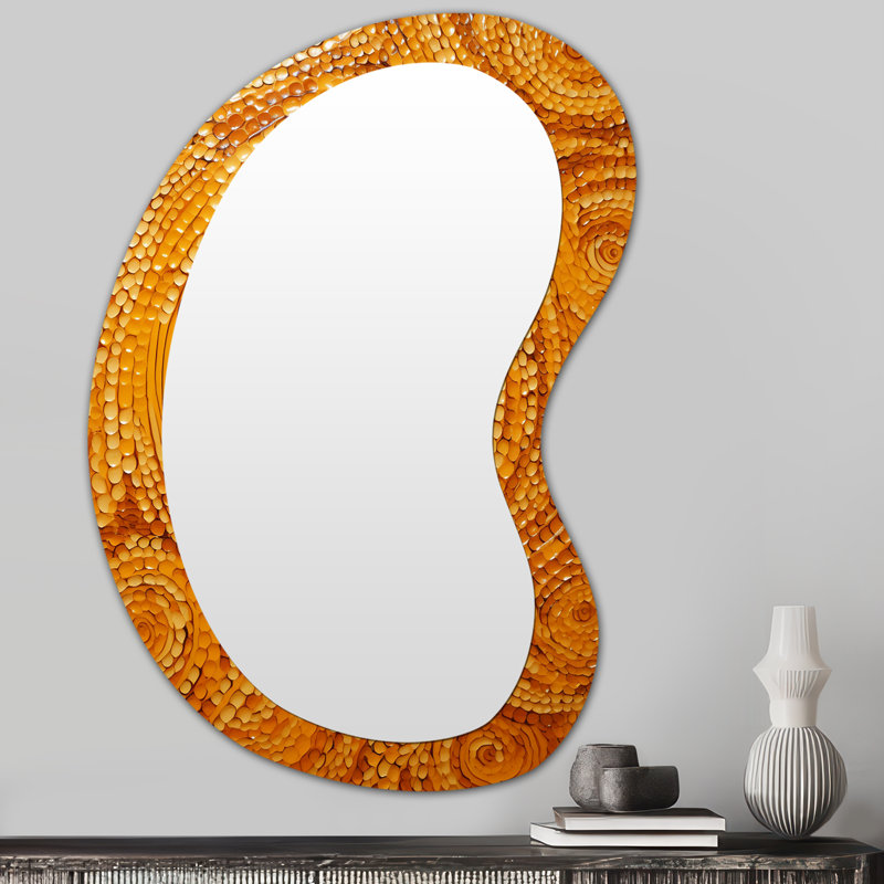 Etz floral orange Twilight Dream abstrait collages IV - grand miroir mural asymétrique abstrait, miroir décoratif de forme irrégulière orange, impression sur métal