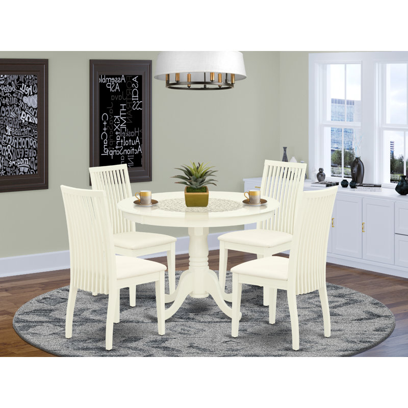 5 Piece Kitchen Table & Chairs Set Includes a Round Dining Room Table with Pedestal and 4 Linen Fabric Upholstered Chairs, Linen White