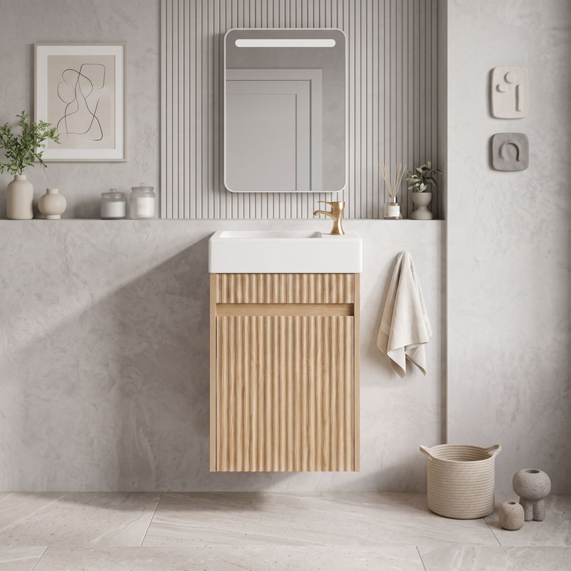 Meuble-lavabo mural moderne avec lavabo réversible SMC, porte à pousser et charnières à fermeture en douceur