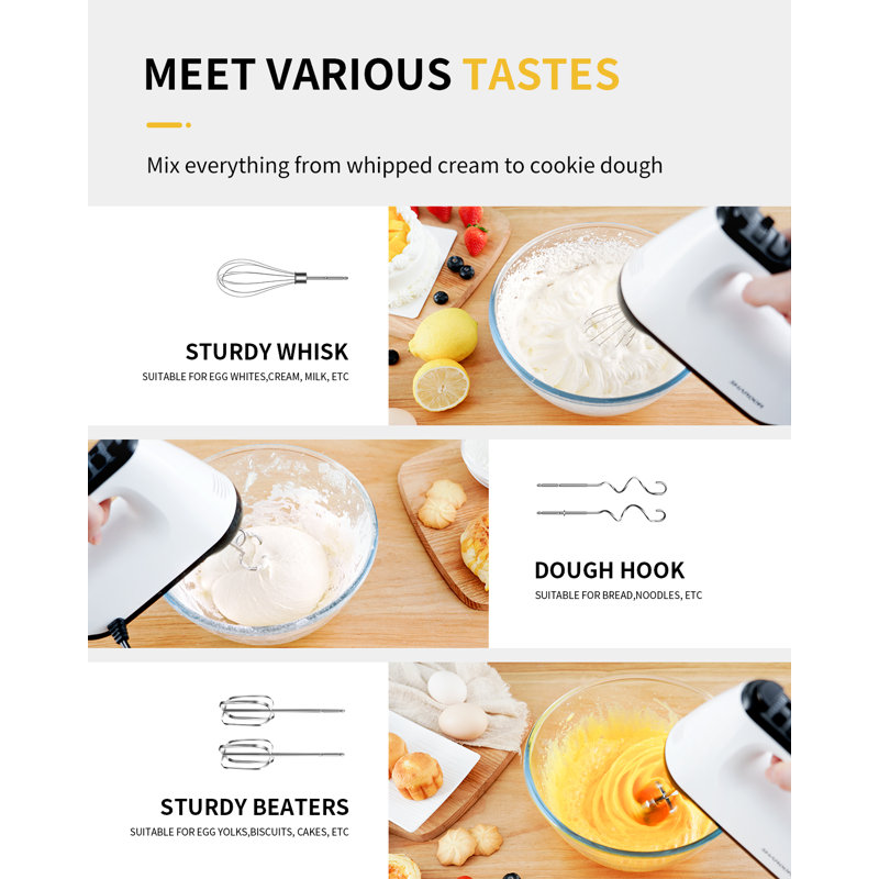Electric Hand Mixer, 250W, 6 Speed & Turbo Mixer Electric Handheld, Snap-On Storage Case, 5 Stainless Steel Accessories for Whipping, Mixing Cookies, Brownie, Cakes, Dough Batters.