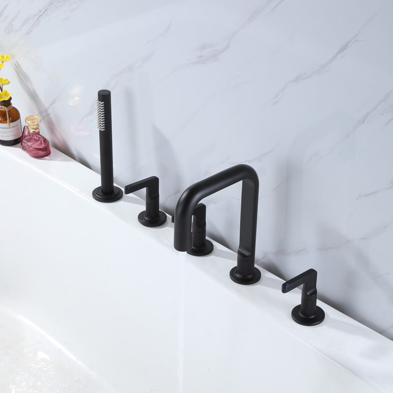Robinet de baignoire romaine à trois poignées et fixation sur le comptoir avec douche à main, Noir mat
