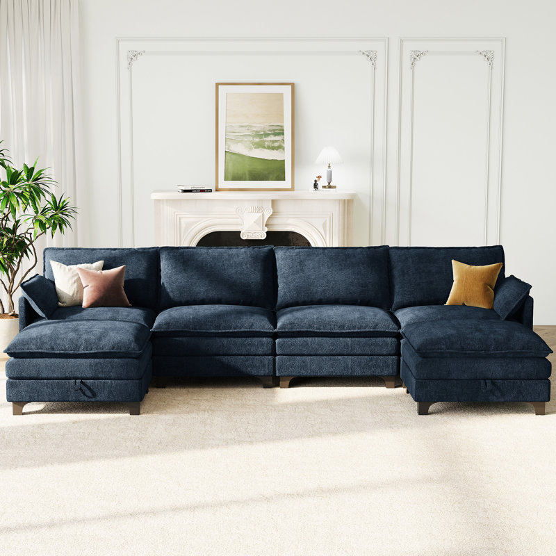 140” Comfy Cloud Couch U Shaped Sectional Sofa with Two Ottomans, Blue Chenille