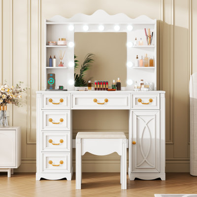 Ensemble coiffeuse en bois manufacturé avec miroir à DEL et prises 