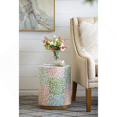 Tabouret de jardin cylindrique avec table d'appoint D14 x 18 po vert / rose