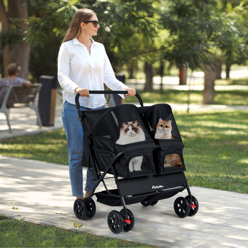 Poussette double pour animal de compagnie avec coussin amovible ajustable pour parasol 2 places, Noir