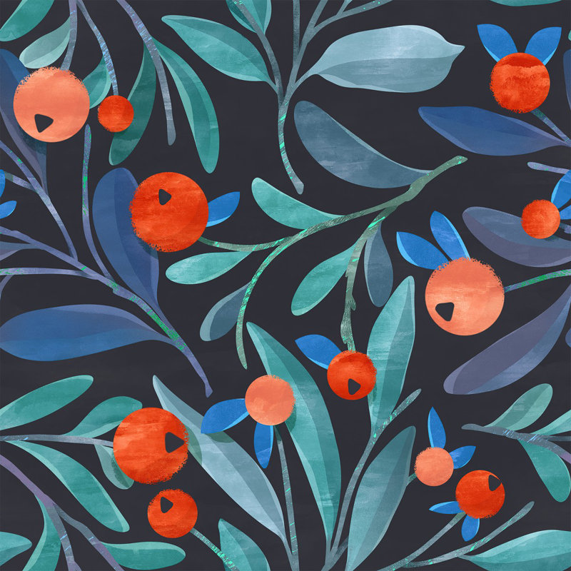 Papier peint feuilles bleues avec baies, L 124,8 po x l 25 po